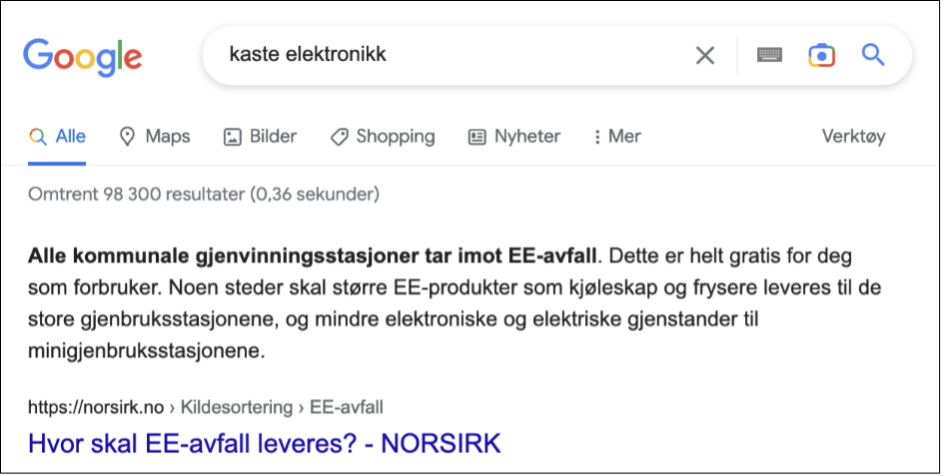 Skjermbilde fra Google, der Norsirk har oppnådd nullklikksøk på søkefrasen 